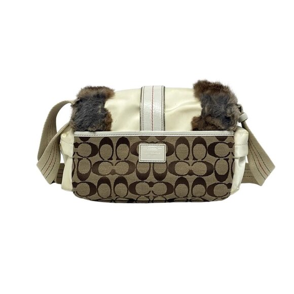 Auth COACH Signature Rabbit Fur Sukey Small Pocket Shoulder 3589 Khaki White - Picture 2 of 9